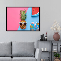 Plakat w ramie Ananas - hipster z letnimi akcesoriami