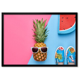 Plakat w ramie Ananas - hipster z letnimi akcesoriami