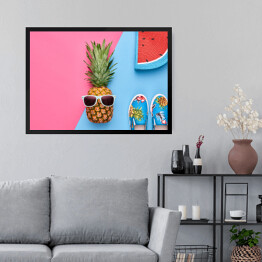 Obraz w ramie Ananas - hipster z letnimi akcesoriami
