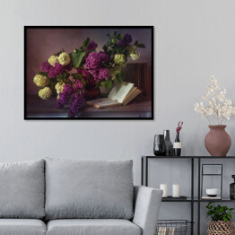 Plakat w ramie Książka przy wazonie z kwiatami - ilustracja 
