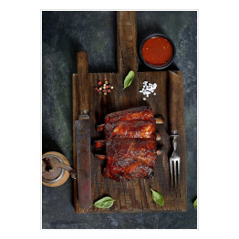 Plakat samoprzylepny Pyszne żeberka z grilla przyprawione pikantnym sosem