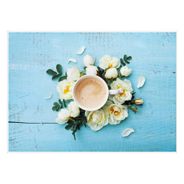 Plakat Poranna filiżanka kawy i piękne róże na turkusowym tle