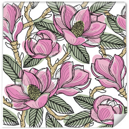 Tapeta winylowa zmywalna w rolce Kolorowy wzór z kwiatów, pąków, liści i gałęzi magnolii
