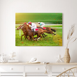 Obraz na płótnie Konie wyścigowe z dżokejami na polanie