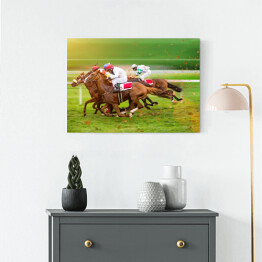 Obraz na płótnie Konie wyścigowe z dżokejami na polanie