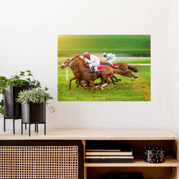 Plakat samoprzylepny Konie wyścigowe z dżokejami na polanie