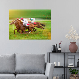 Plakat Konie wyścigowe z dżokejami na polanie