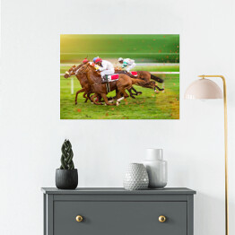 Plakat Konie wyścigowe z dżokejami na polanie