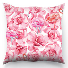 Poduszka Różowe flamingi wśród rżowych pastelowych kwiatów