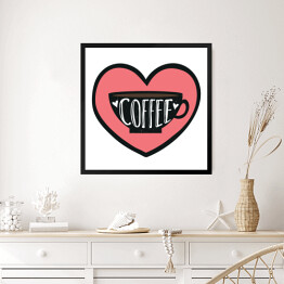 Obraz w ramie Ilustracja z filiżanką, sercami i słowem "kawa"