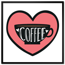 Plakat w ramie Ilustracja z filiżanką, sercami i słowem "kawa"