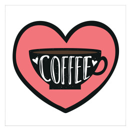 Plakat samoprzylepny Ilustracja z filiżanką, sercami i słowem "kawa"