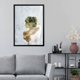 Obraz w ramie Podwójna ekspozycja portretu dziewczyny i zielonego krajobrazu