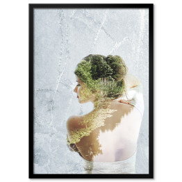 Plakat w ramie Podwójna ekspozycja portretu dziewczyny i zielonego krajobrazu