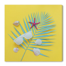 Obraz na płótnie Białe okulary przeciwsłoneczne, rozgwiazdy i muszle na liściu palmy