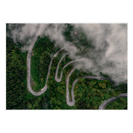 Plakat samoprzylepny Droga wijąca się wśród mglistych wzgórz w Rumunii o poranku
