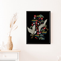 Obraz w ramie Japońskie białe żurawie z czerwonymi kwiatami na czarnym tle