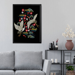 Obraz w ramie Japońskie białe żurawie z czerwonymi kwiatami na czarnym tle