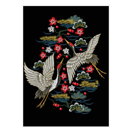 Plakat Japońskie białe żurawie z czerwonymi kwiatami na czarnym tle