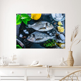 Plakat Świeże ryby - widok z góry. Pikantne zioła i warzywa