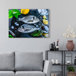 Obraz na płótnie Świeże ryby - widok z góry. Pikantne zioła i warzywa
