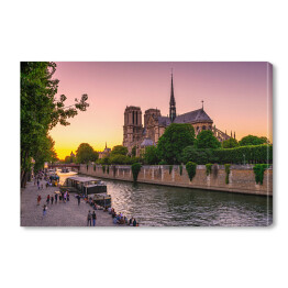  Widok podczas zachodu słońca na Katedrę Notre Dame w Paryżu, Francja