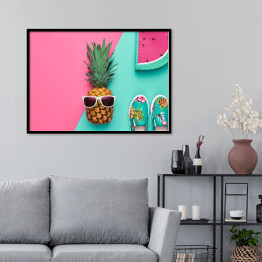 Plakat w ramie Ananas w okularach na kolorowym tle