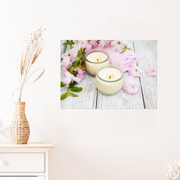 Plakat samoprzylepny Białe świece i jasnoróżowe kwiaty