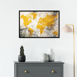 Plakat w ramie Żółta mapa świata na betonie