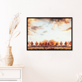 Plakat w ramie Piękna jesień - panorama z drzewami, polem i niebem