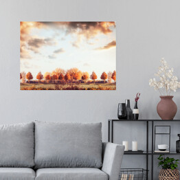 Plakat samoprzylepny Piękna jesień - panorama z drzewami, polem i niebem