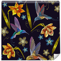 Tapeta samoprzylepna w rolce Magiczne żonkile i fantazyjne fioletowo niebieskie ptaki