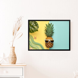 Obraz w ramie Ananas - hipster z tropikalnym liściem i rozgwiazdami