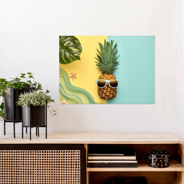 Plakat Ananas - hipster z tropikalnym liściem i rozgwiazdami