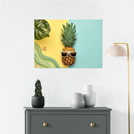 Plakat Ananas - hipster z tropikalnym liściem i rozgwiazdami