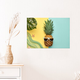 Plakat samoprzylepny Ananas - hipster z tropikalnym liściem i rozgwiazdami