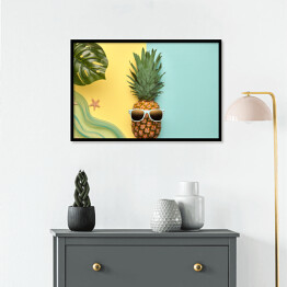 Plakat w ramie Ananas - hipster z tropikalnym liściem i rozgwiazdami
