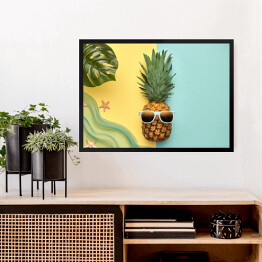Obraz w ramie Ananas - hipster z tropikalnym liściem i rozgwiazdami