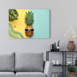 Obraz na płótnie Ananas - hipster z tropikalnym liściem i rozgwiazdami