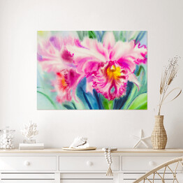 Plakat samoprzylepny Fioletowo różowy kwiat orchidei z zielonymi liśćmi