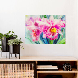 Plakat samoprzylepny Fioletowo różowy kwiat orchidei z zielonymi liśćmi