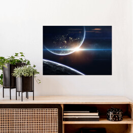 Plakat Tapeta kosmiczna science fiction, niesamowicie piękne planety, galaktyki, mroczne i zimne piękno niekończącego się wszechświata. Elementy tego obrazu dostarczone przez NASA