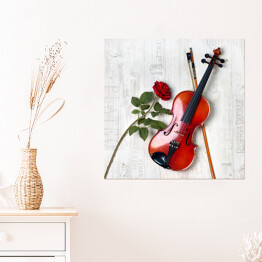 Plakat samoprzylepny Lśniące skrzypce i czerwona róża