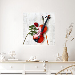 Plakat samoprzylepny Lśniące skrzypce i czerwona róża