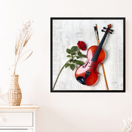Obraz w ramie Lśniące skrzypce i czerwona róża
