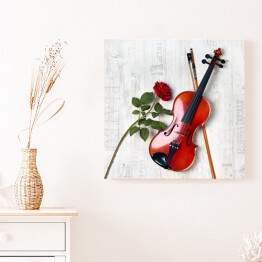 Obraz na płótnie Lśniące skrzypce i czerwona róża
