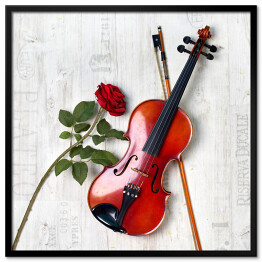 Plakat w ramie Lśniące skrzypce i czerwona róża