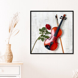 Plakat w ramie Lśniące skrzypce i czerwona róża