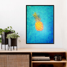 Plakat w ramie Żółty ananas na błękitnym tle