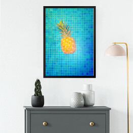 Obraz w ramie Żółty ananas na błękitnym tle